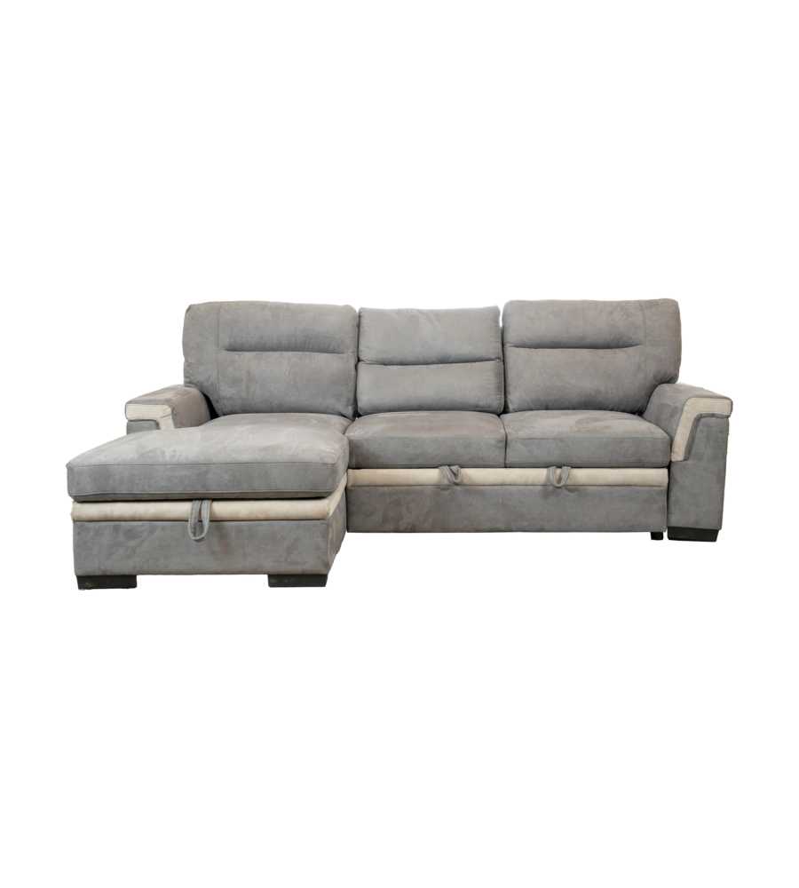 DIVANO LETTO ANGOLARE "ERIKA" IN TESSUTO GRIGIO CON PENISOLA A SINISTRA, 254X92/165X102 CM